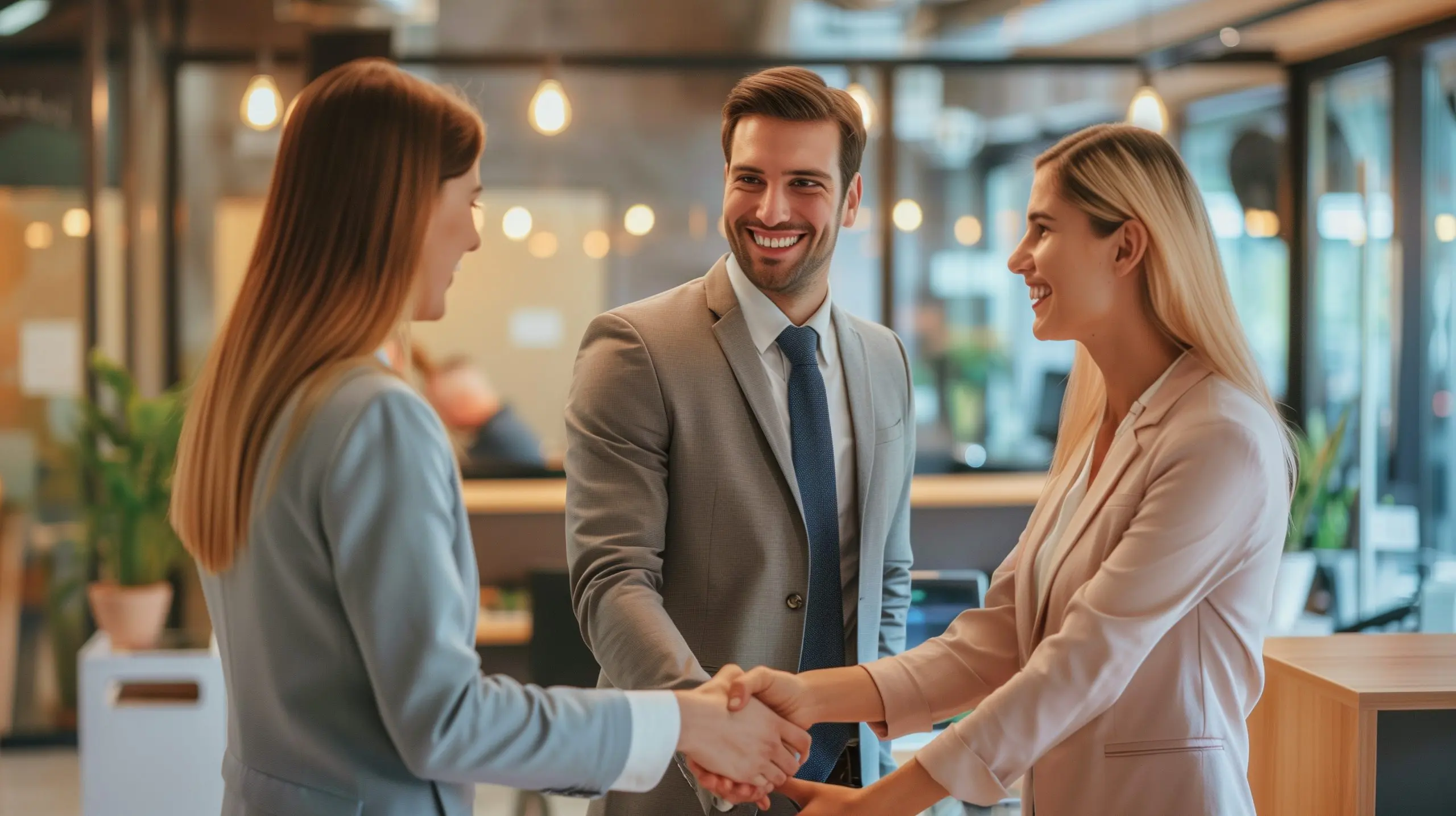 Group of a happy young three business people standing in the office making a good deal. Man shaking hands with woman reaching agreement or signing a contract or greeting new employee.