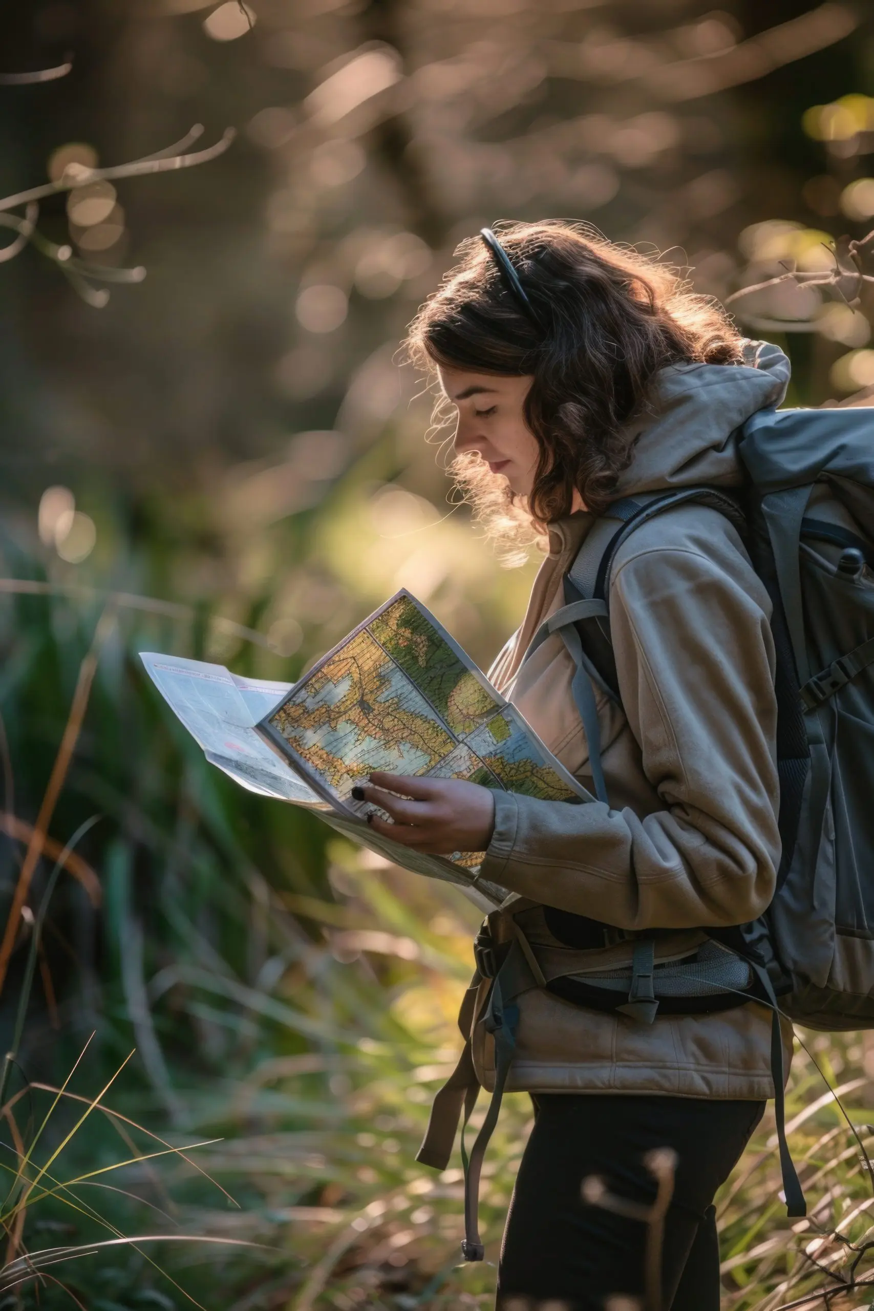 A woman examines a map while carrying a backpack, suggesting preparation for an adventure or travel