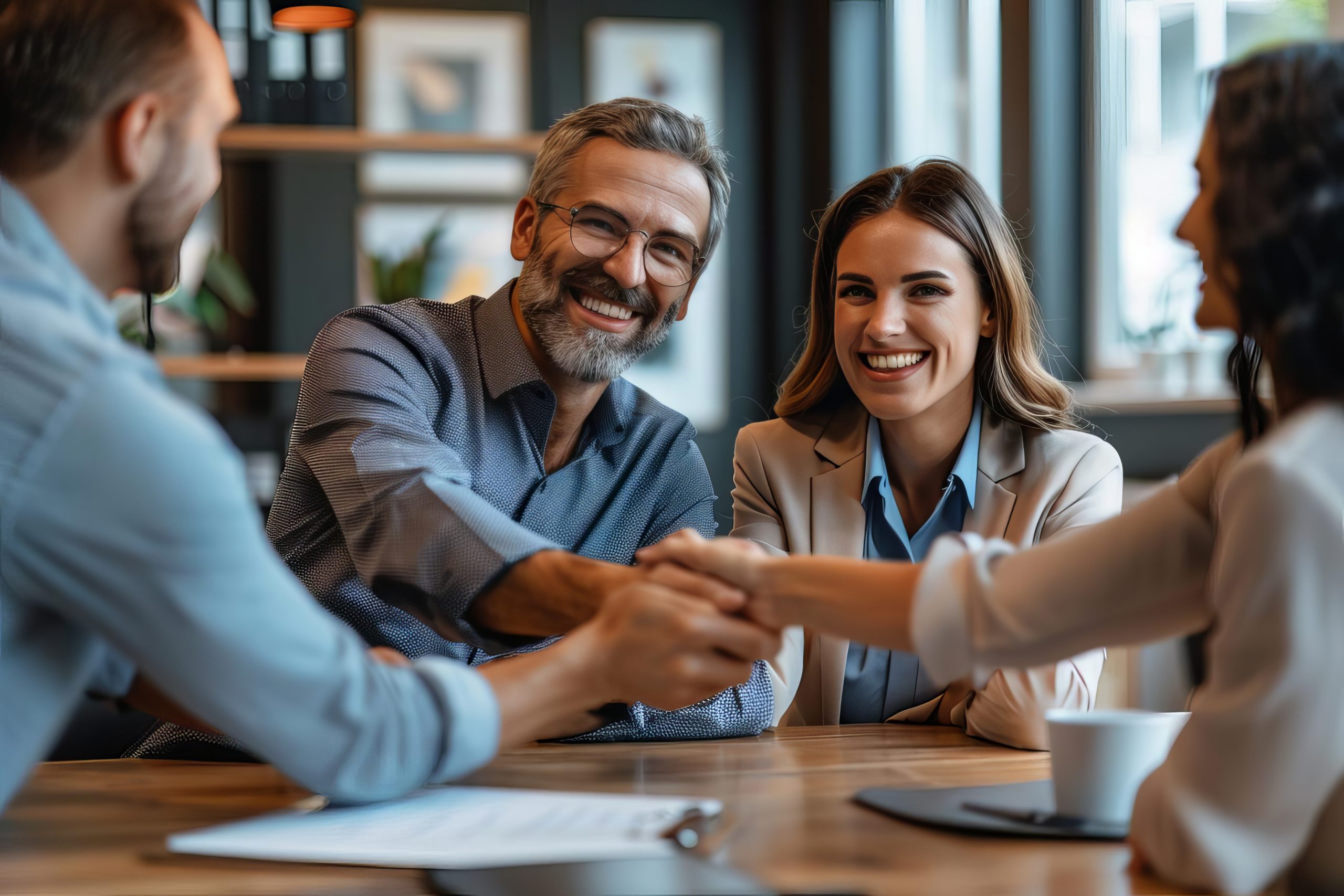 A real estate agent closing a deal with happy clients focus on success, celebration theme, dynamic, overlay, office backdrop